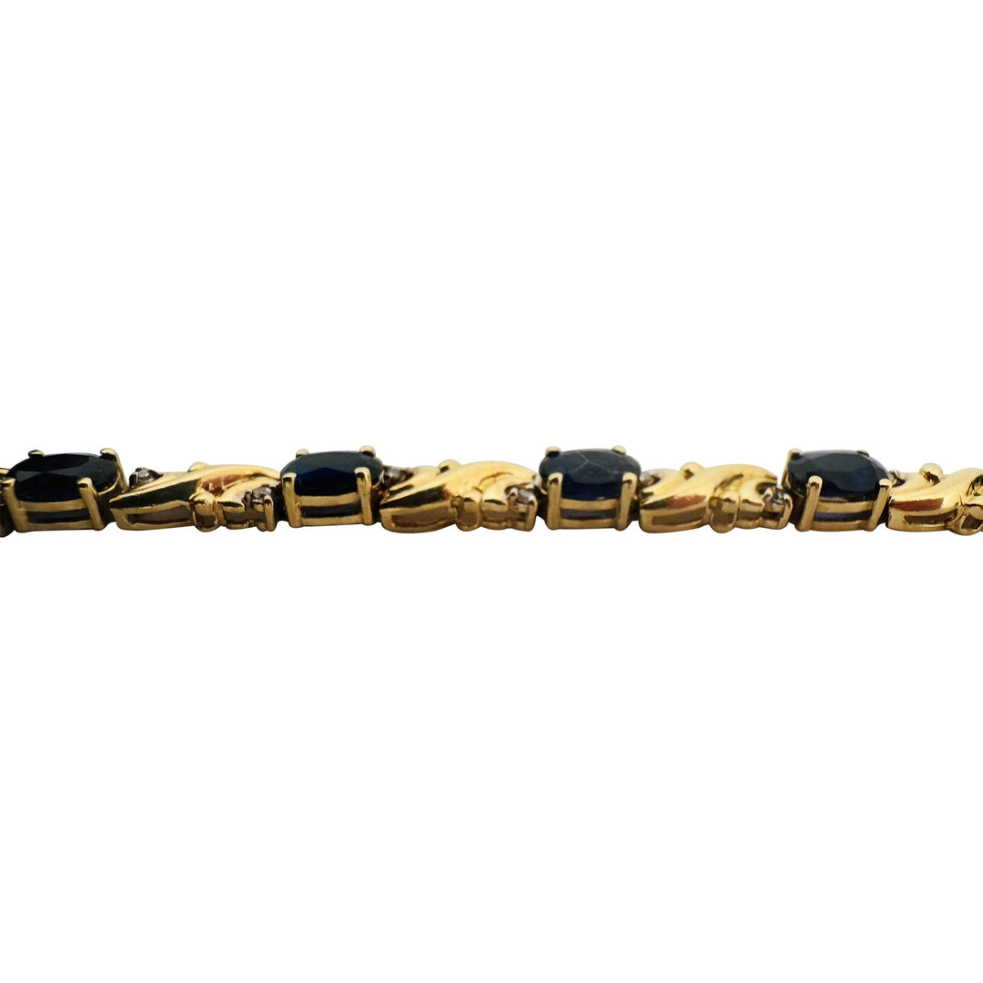 14k Yellow Gold Blue Sapphire and Diamond Ladies Link Bracelet 6.5"