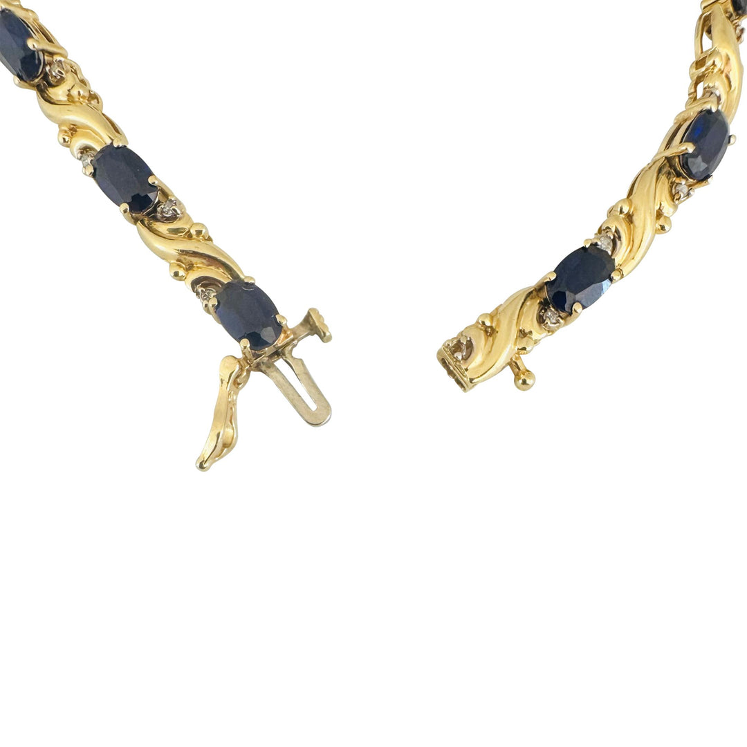 14k Yellow Gold Blue Sapphire and Diamond Ladies Link Bracelet 6.5"