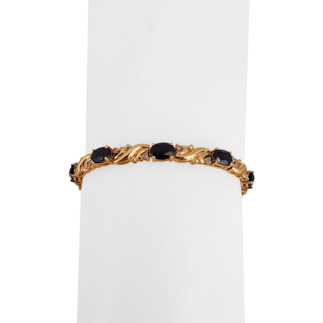 14k Yellow Gold Blue Sapphire and Diamond Ladies Link Bracelet 6.5"