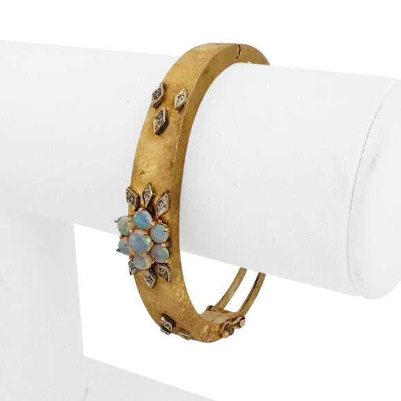14k Yellow Gold Opal and Diamond Vintage Satin Finish Bangle Bracelet 6.25