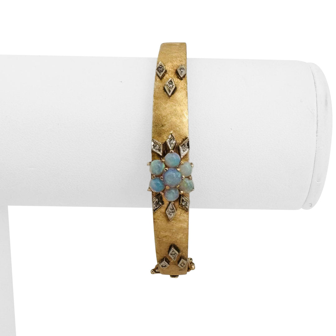 14k Yellow Gold Opal and Diamond Vintage Satin Finish Bangle Bracelet 6.25"