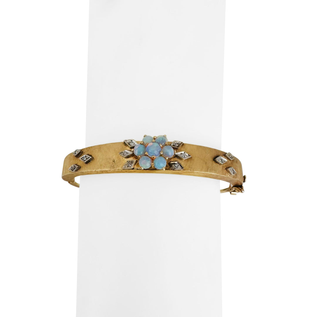 14k Yellow Gold Opal and Diamond Vintage Satin Finish Bangle Bracelet 6.25"