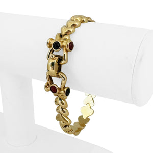 14k Yellow Gold 21g Fancy Link Cabochon Garnet and Onyx Bracelet Italy 7.25"