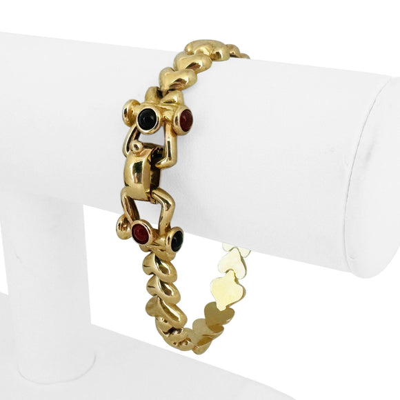 14k Yellow Gold 21g Fancy Link Cabochon Garnet and Onyx Bracelet Italy 7.25