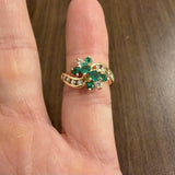 14k Yellow Gold Emerald and Diamond Bypass Floral Ring Size 6.25