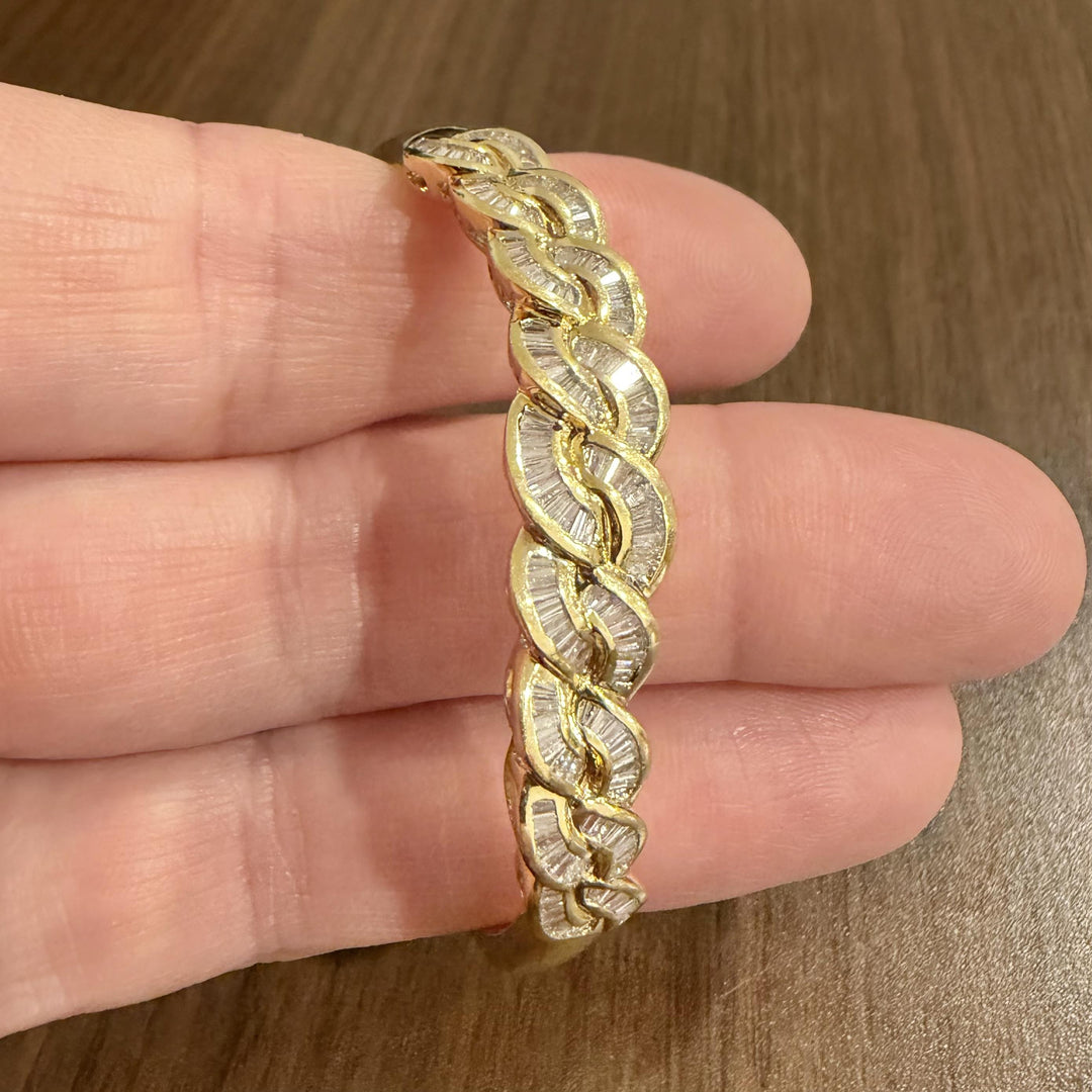 18k Yellow Gold and 2cttw Baguette Diamonds Solid Curved Bangle Bracelet 6.25"