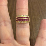 18k Yellow Gold Ruby and Diamonds Vintage Solid Band Ring Size 7.75