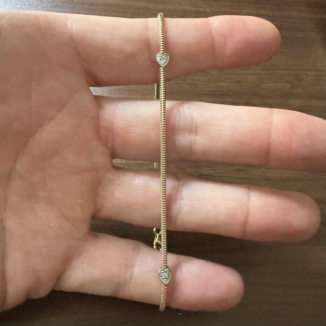 14k Yellow Gold and White Gold Diamond Heart Station Snake Link Anklet 10"
