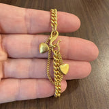 24k Pure Yellow Gold 31g Solid Heavy Curb Link Bracelet with Heart Charms 6.5"