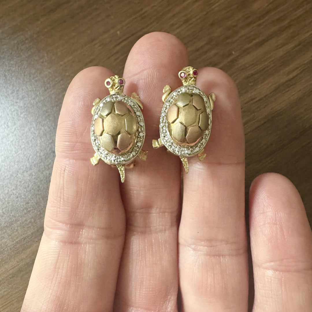 14k Yellow White and Rose Gold 14g Ruby Eye Turtle Stud Earrings