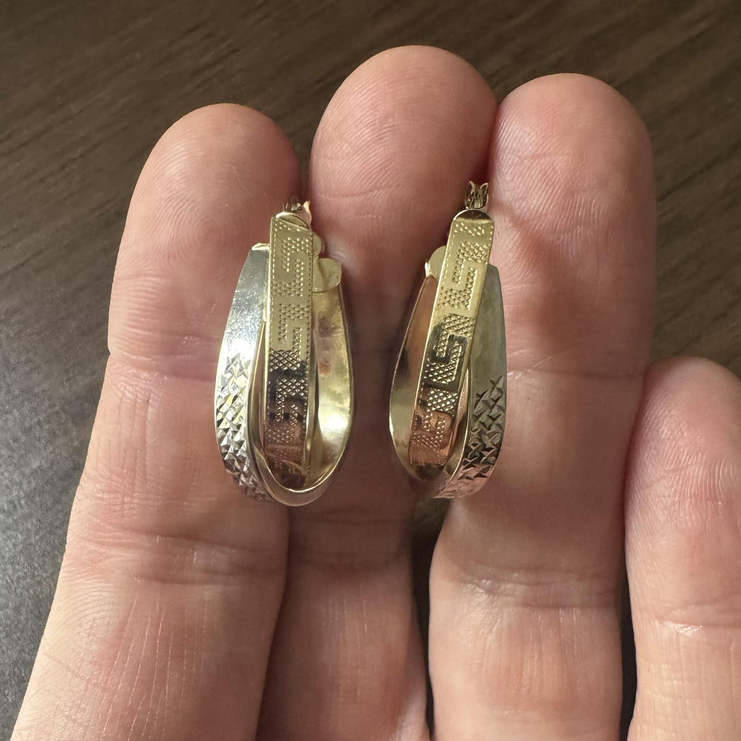 14k Yellow and White Gold 5.3g Greek Key Crossover Hoop Earrings 1.15"