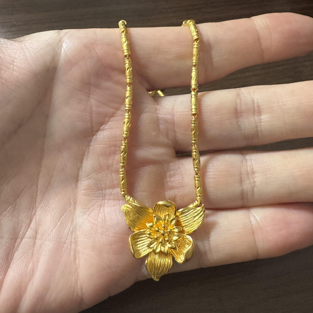 24k Pure Yellow Gold 23.6g Solid Barrel Link Floral Pendant Necklace 18"