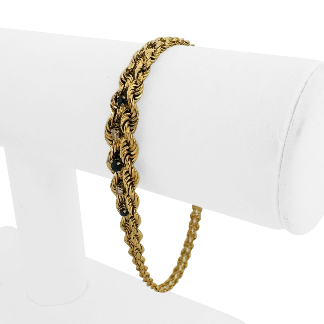14k Yellow Gold Blue Sapphire and Diamond Double Rope Bracelet 7.5"