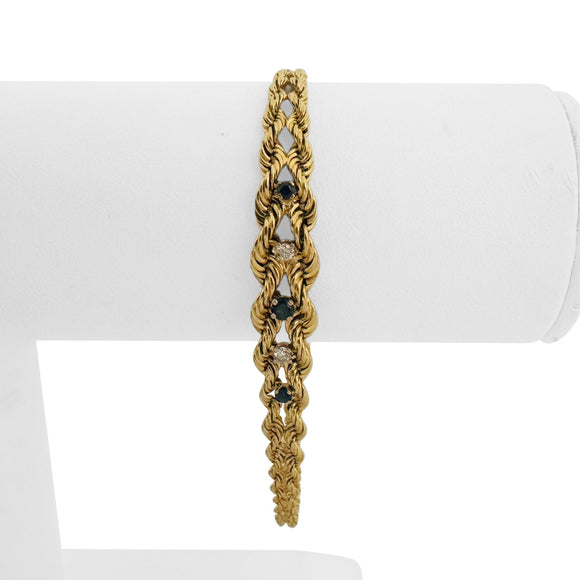 14k Yellow Gold Blue Sapphire and Diamond Double Rope Bracelet 7.5