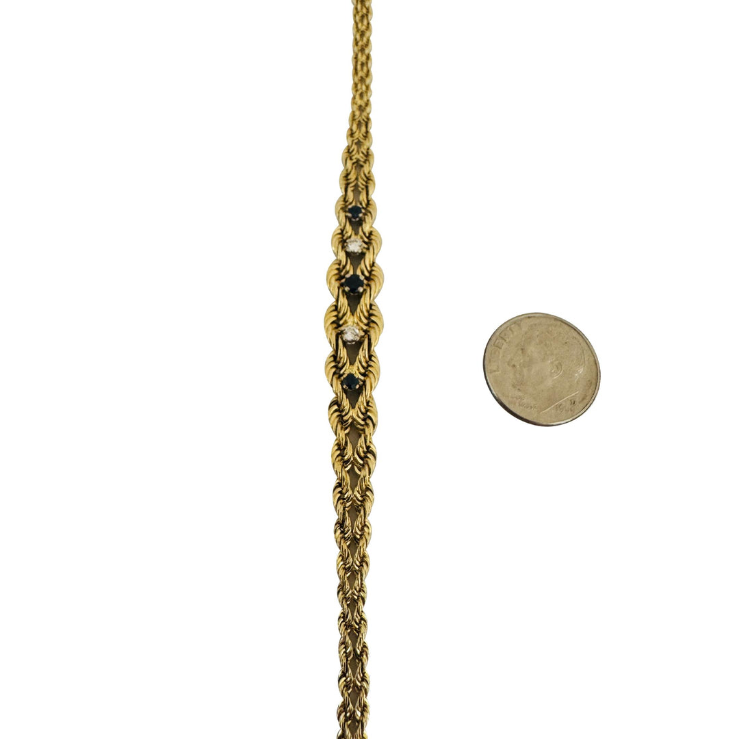 14k Yellow Gold Blue Sapphire and Diamond Double Rope Bracelet 7.5"