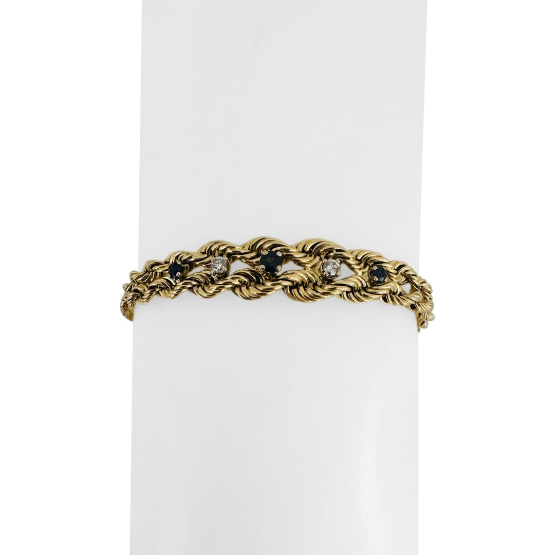14k Yellow Gold Blue Sapphire and Diamond Double Rope Bracelet 7.5"