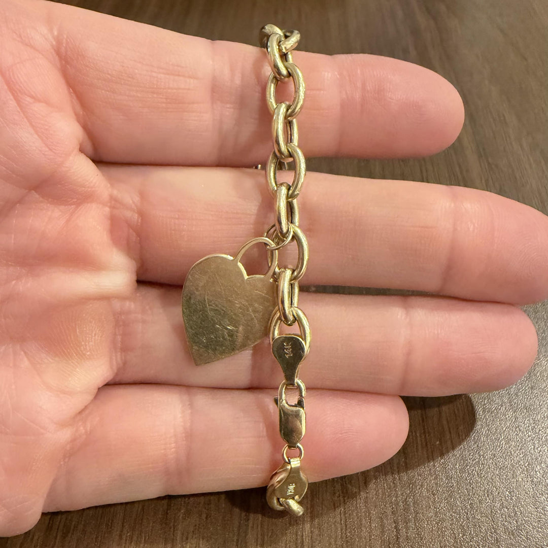 14k Yellow Gold 10g Hollow Cable Link Bracelet with Heart Charm 7.25"