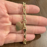 14k Yellow Gold 10g Hollow Cable Link Bracelet with Heart Charm 7.25"