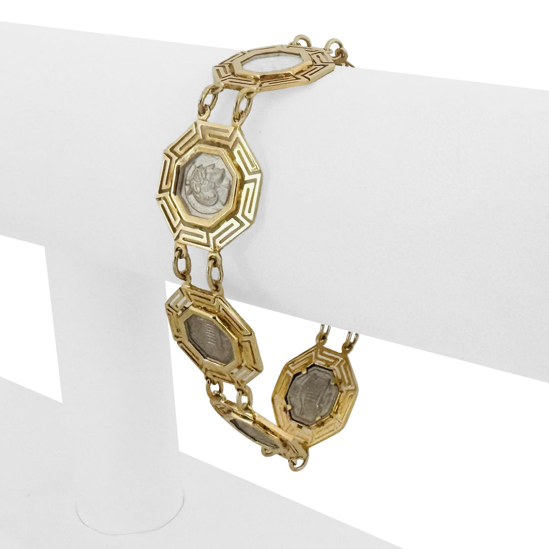 14k Yellow and White Gold 17.8g Greek Key Medallion Link Bracelet 7.25"