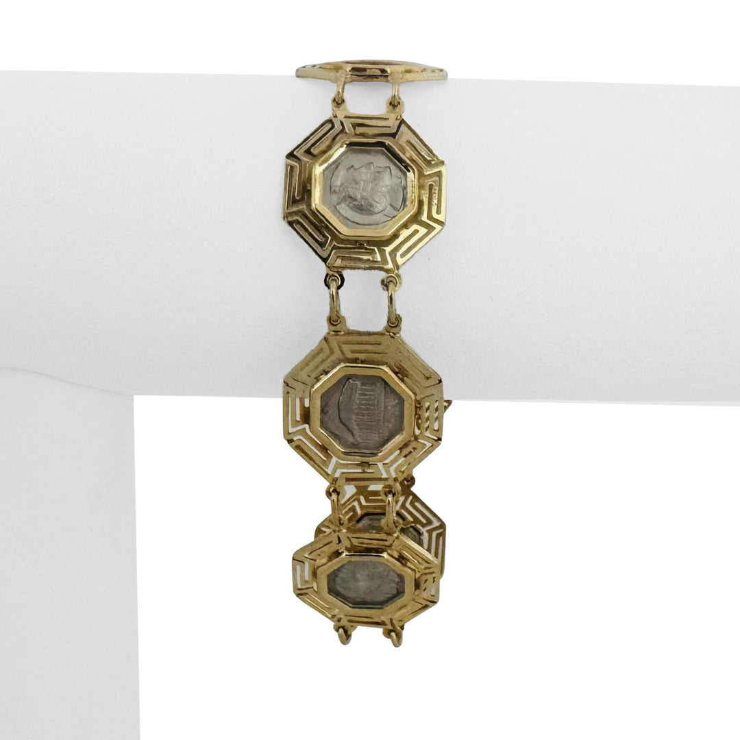 14k Yellow and White Gold 17.8g Greek Key Medallion Link Bracelet 7.25"