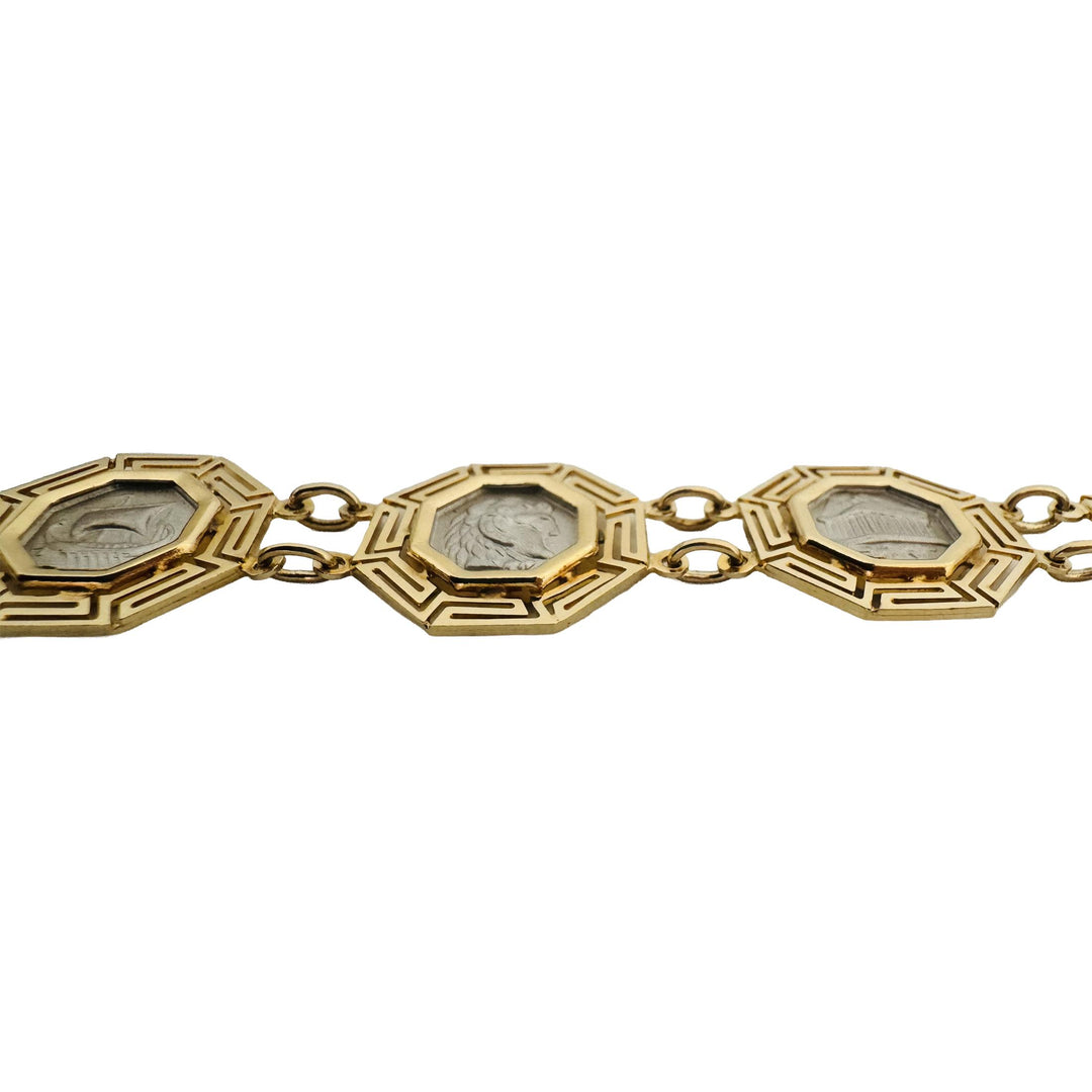 14k Yellow and White Gold 17.8g Greek Key Medallion Link Bracelet 7.25"