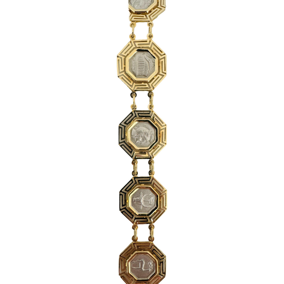 14k Yellow and White Gold 17.8g Greek Key Medallion Link Bracelet 7.25"