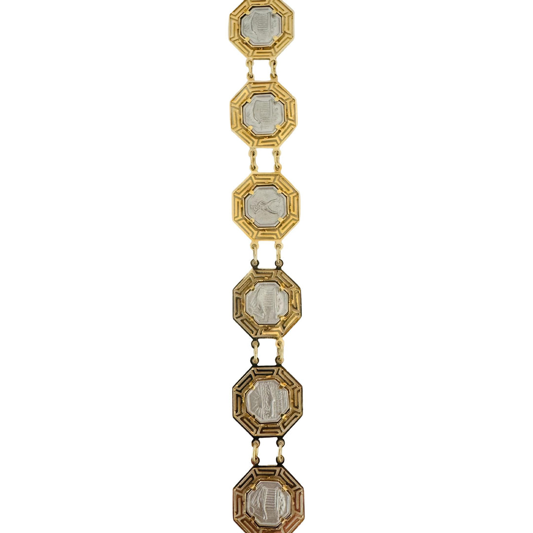 14k Yellow and White Gold 17.8g Greek Key Medallion Link Bracelet 7.25"