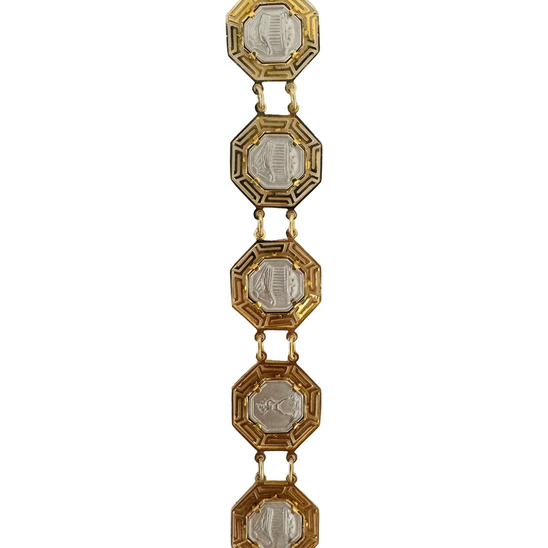14k Yellow and White Gold 17.8g Greek Key Medallion Link Bracelet 7.25"