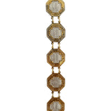 14k Yellow and White Gold 17.8g Greek Key Medallion Link Bracelet 7.25"