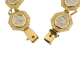 14k Yellow and White Gold 17.8g Greek Key Medallion Link Bracelet 7.25"