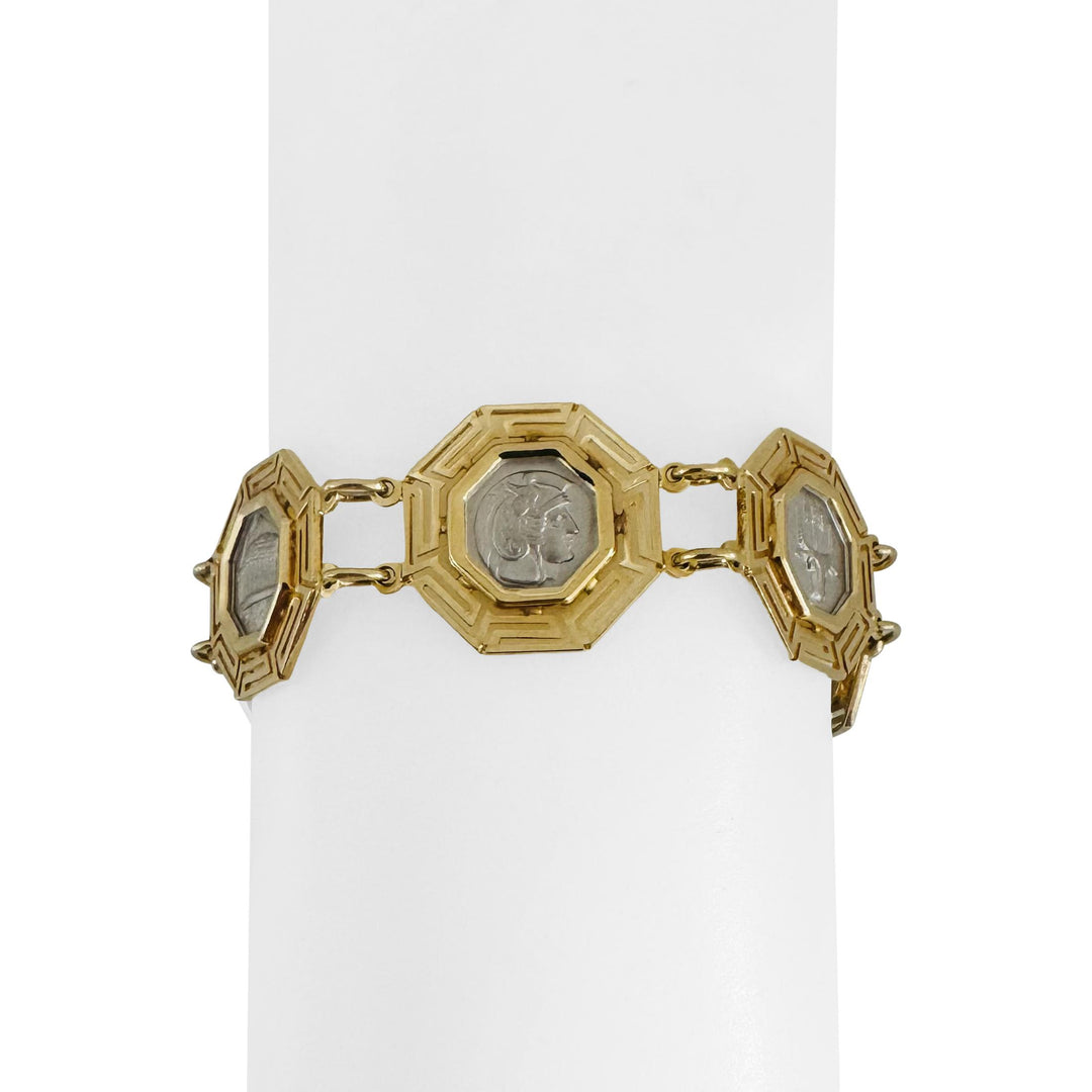 14k Yellow and White Gold 17.8g Greek Key Medallion Link Bracelet 7.25"