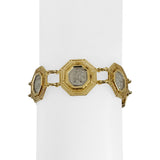 14k Yellow and White Gold 17.8g Greek Key Medallion Link Bracelet 7.25"