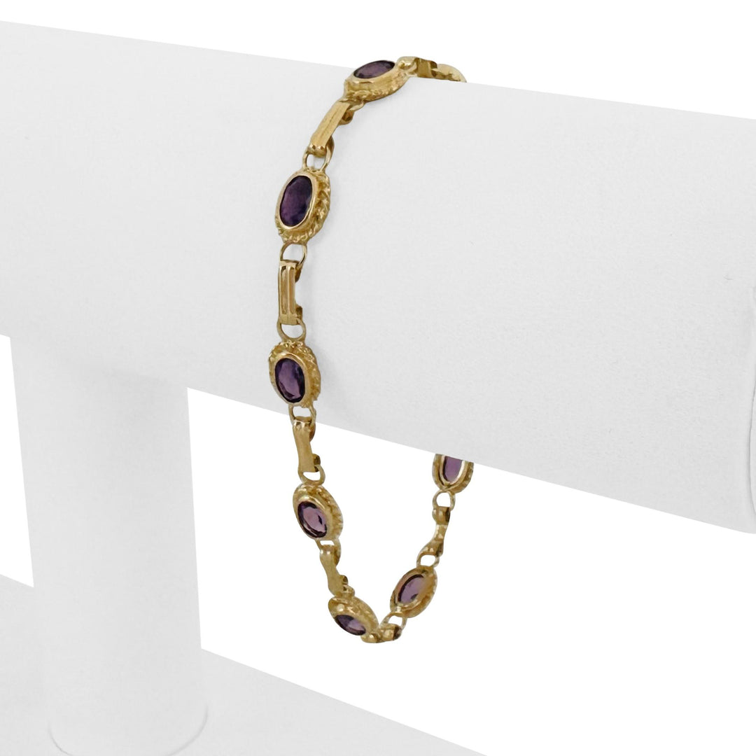 14k Yellow Gold and Bezel Set Amethyst 4.6g Ladies Fancy Link Bracelet 7"