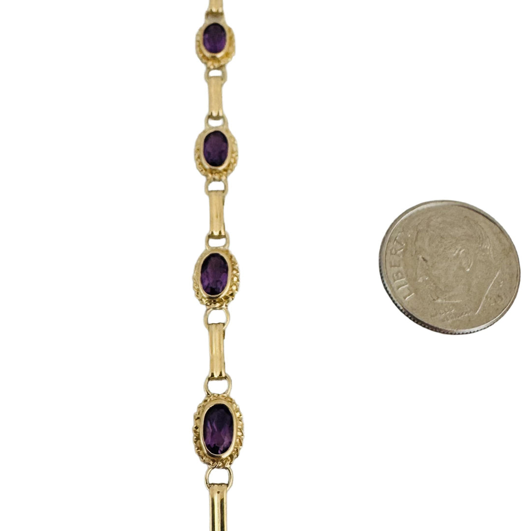 14k Yellow Gold and Bezel Set Amethyst 4.6g Ladies Fancy Link Bracelet 7"