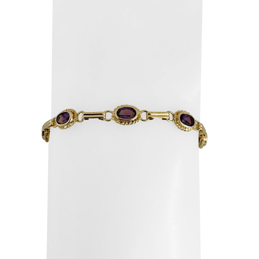 14k Yellow Gold and Bezel Set Amethyst 4.6g Ladies Fancy Link Bracelet 7"