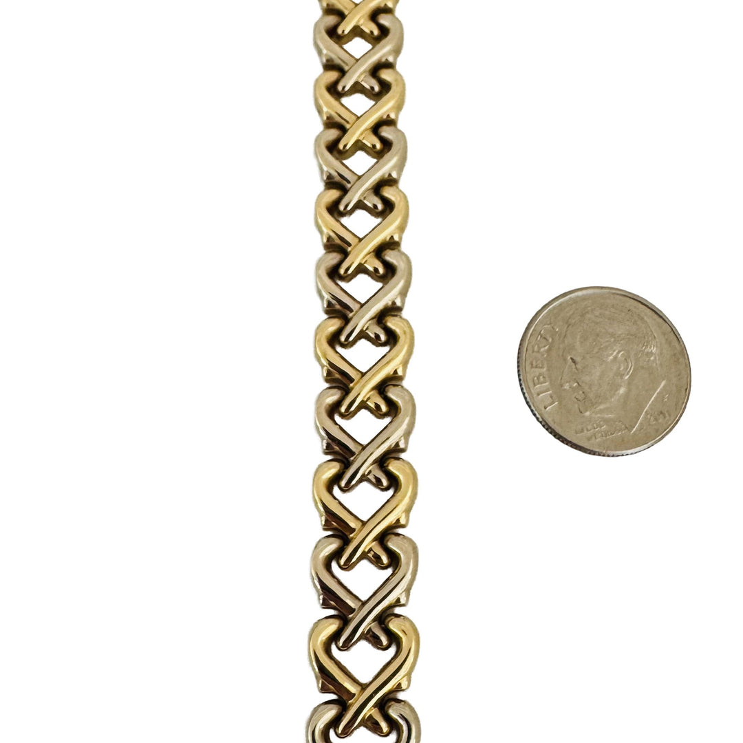 14k Yellow and White Gold 17.6g Ladies Polished 10mm Heart Link Bracelet 7"