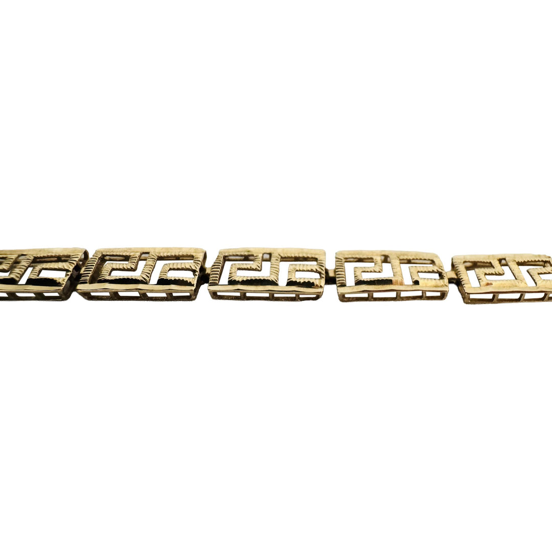 14k Yellow Gold 4.9g Textured Greek Key 6.5mm Panel Link Bracelet 7"