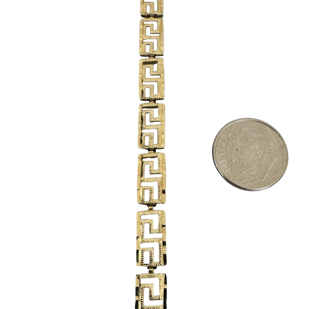 14k Yellow Gold 4.9g Textured Greek Key 6.5mm Panel Link Bracelet 7"