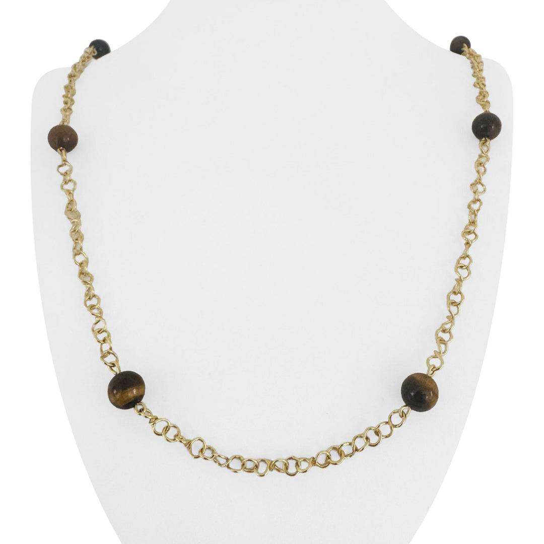 18k Yellow Gold 26.5g Tiger's Eye Bead Station Cable Link Necklace Italy 29"