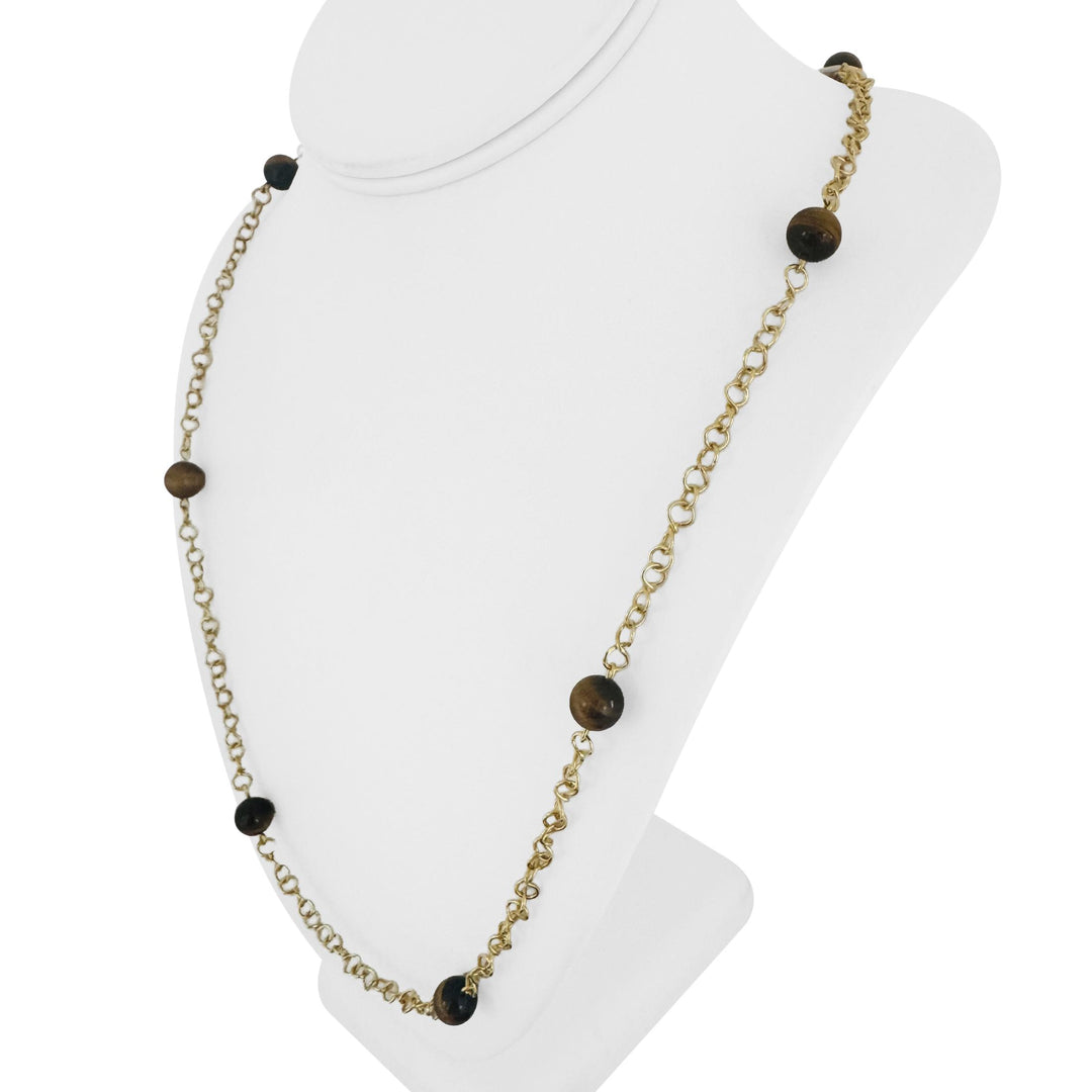 18k Yellow Gold 26.5g Tiger's Eye Bead Station Cable Link Necklace Italy 29"