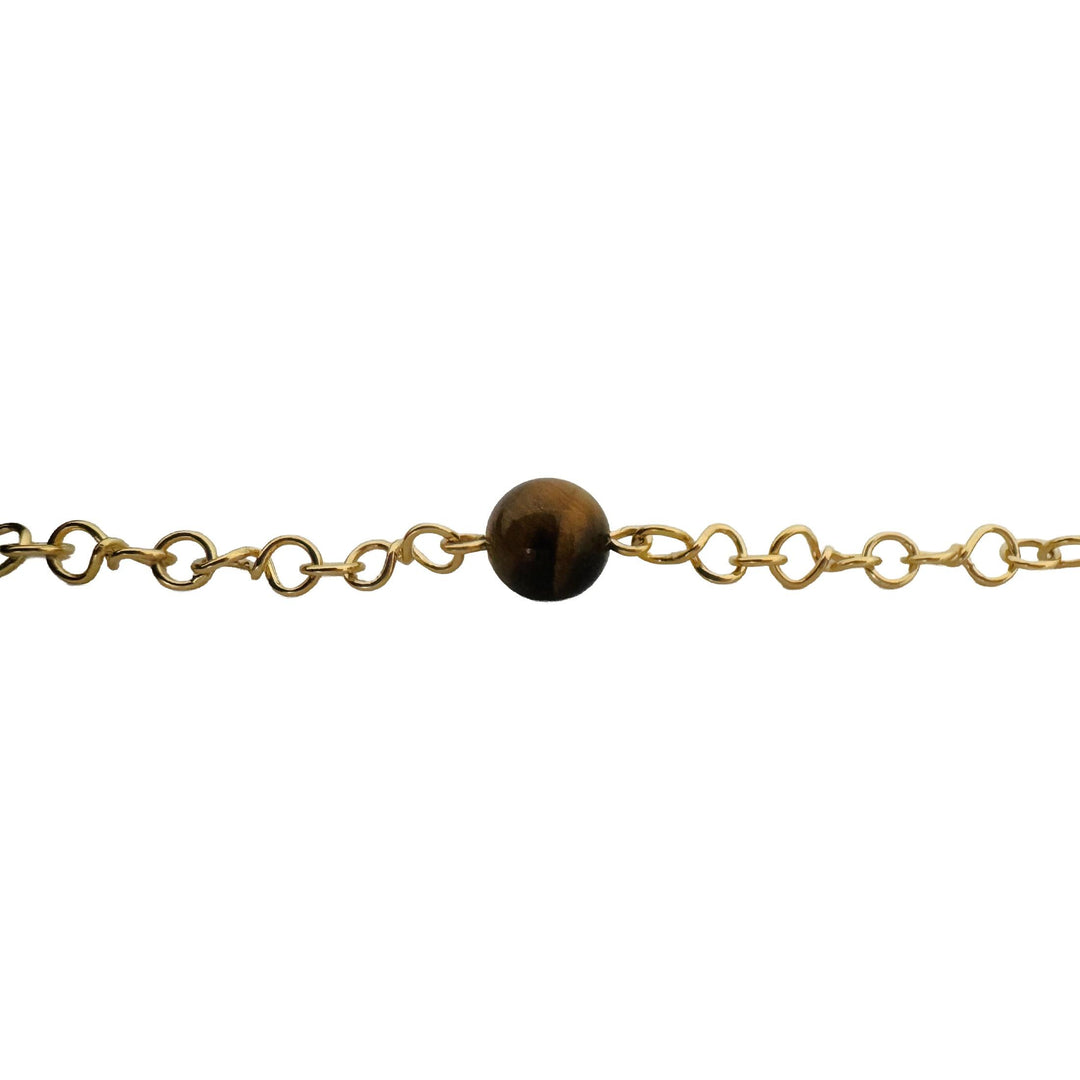 18k Yellow Gold 26.5g Tiger's Eye Bead Station Cable Link Necklace Italy 29"