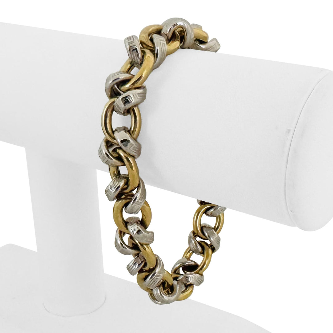 18k Yellow and White Gold 31.6g Vintage Greek Key Fancy Link Bracelet Italy 8"