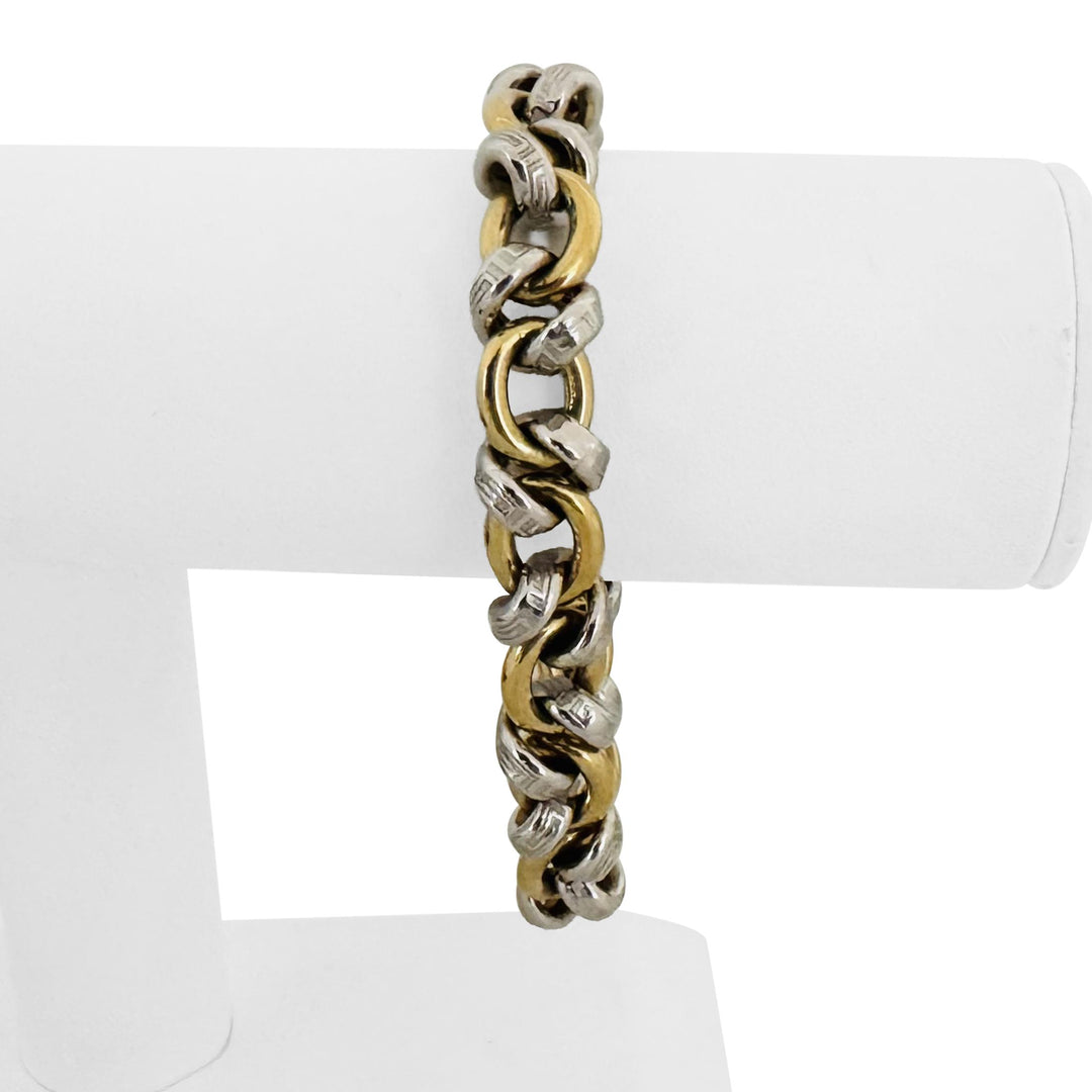 18k Yellow and White Gold 31.6g Vintage Greek Key Fancy Link Bracelet Italy 8"