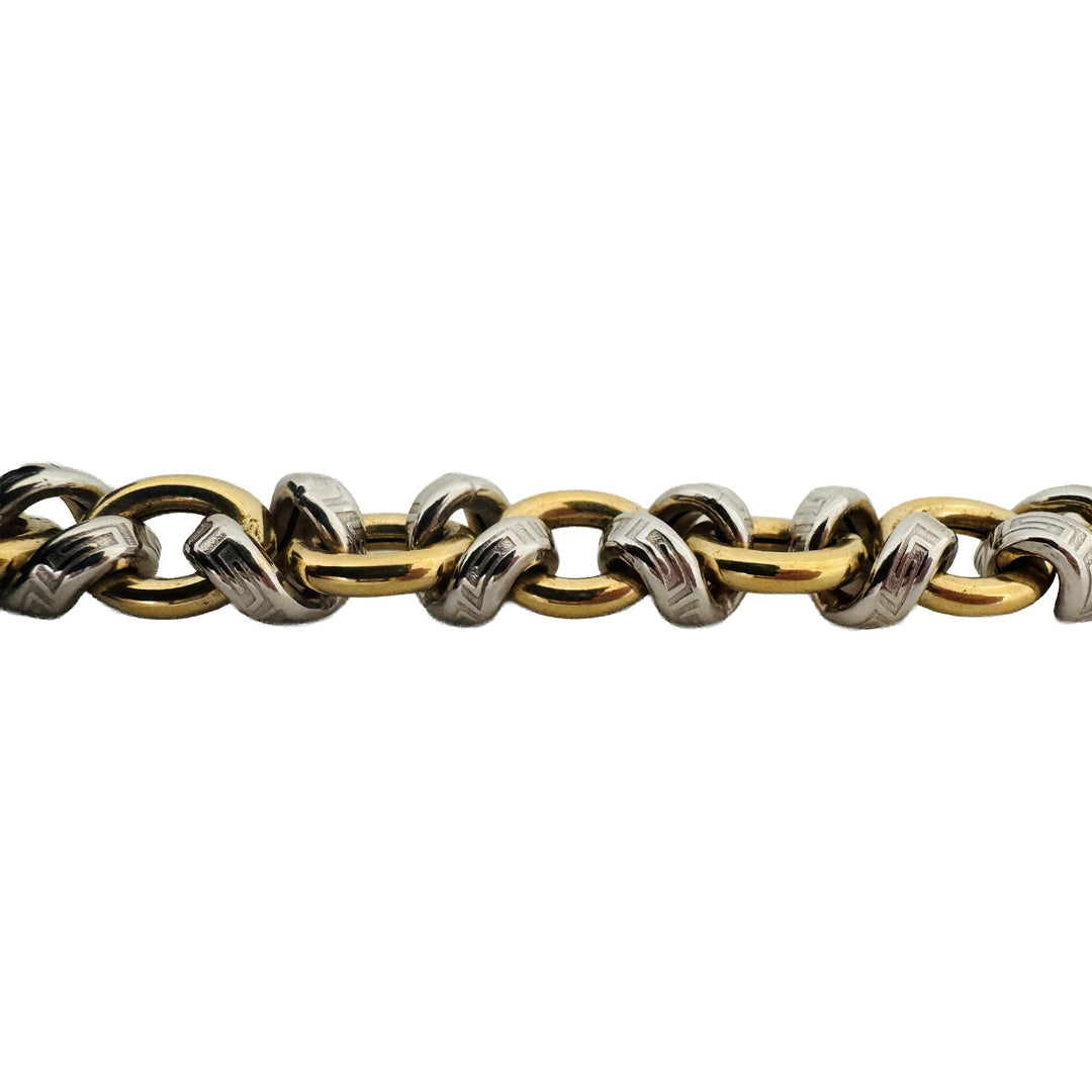 18k Yellow and White Gold 31.6g Vintage Greek Key Fancy Link Bracelet Italy 8"