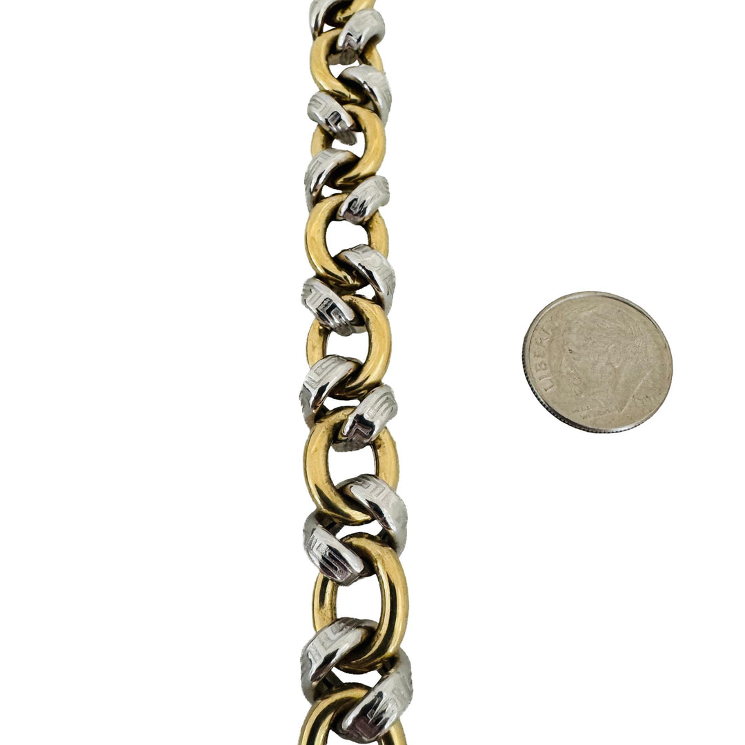 18k Yellow and White Gold 31.6g Vintage Greek Key Fancy Link Bracelet Italy 8"