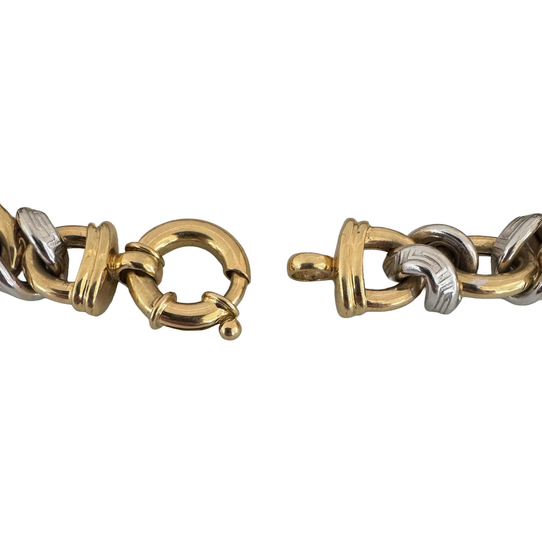 18k Yellow and White Gold 31.6g Vintage Greek Key Fancy Link Bracelet Italy 8"