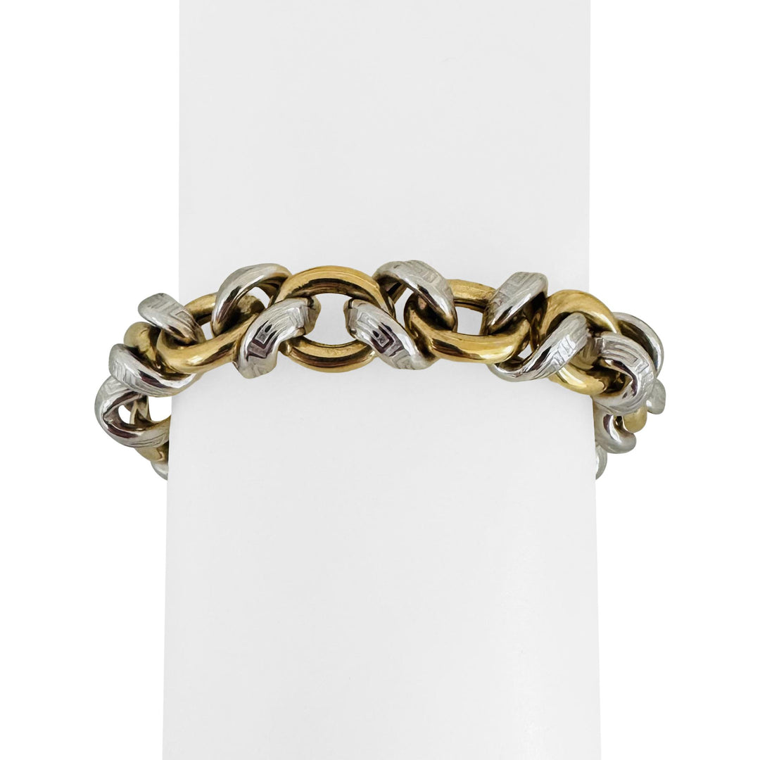 18k Yellow and White Gold 31.6g Vintage Greek Key Fancy Link Bracelet Italy 8"