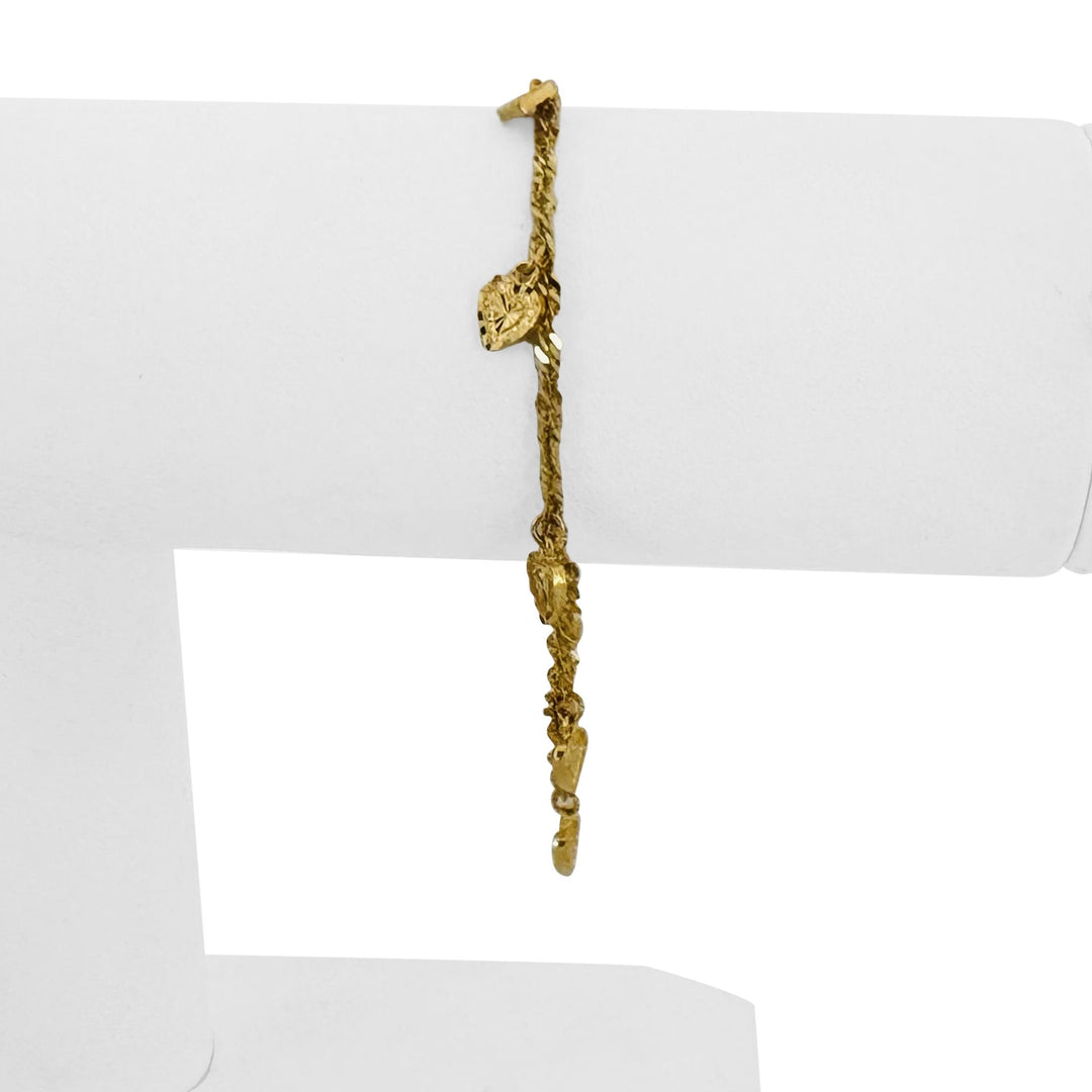 18k Yellow Gold 4.5g Dainty Ladies Fancy Link Heart Charm Bracelet 6.75