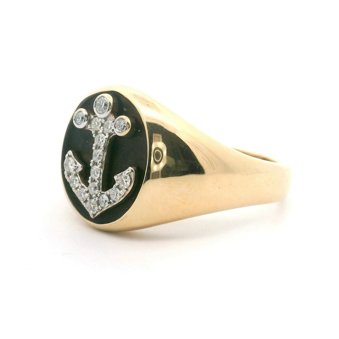 Effy 14k Yellow Gold Black Enamel and Diamond Men's Anchor Motif Ring Size 12