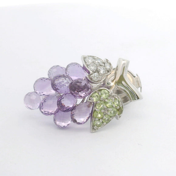 14k White Gold Amethyst Peridot and Diamond Bunch of Grapes Brooch Pin